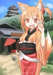  animal_ears apron blonde_hair blush_stickers building castle cloud comb commentary_request day fox_ears fox_tail hair_ornament messy_hair obi one_side_up open_mouth oriental_umbrella original sash scenery senhappyaku sky smile solo tail tray umbrella waitress waving wide_sleeves 