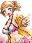  :d amania_orz bare_shoulders bike_shorts blue_eyes breasts brown_hair gundam gundam_build_fighters gundam_build_fighters_try hoshino_fumina jacket large_breasts long_sleeves looking_at_viewer midriff navel off_shoulder open_mouth pointing ponytail scrunchie smile solo sports_bra 