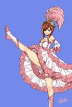  bare_shoulders black_hair blue_background blush boots breasts cancan_dance cleavage copyright_name dancing detached_sleeves dress erza_scarlet fairy_tail feathers hair_ornament large_breasts leg_up looking_at_viewer mashima_hiro red_hair simple_background smile solo strapless strapless_dress 