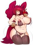  animal_ears bare_shoulders belly black_legwear breasts collarbone eyebrows gloves highres huge_breasts muffin_top navel nellko_agogo nipples original plump puffy_nipples simple_background skindentation slugbox solo tail white_background 