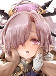  drooling eyes_visible_through_hair gloves granblue_fantasy hair_ornament hair_over_one_eye hair_stick hands_on_another's_face harvin highres karu_a_miruku long_hair looking_at_viewer nio_(granblue_fantasy) pink_eyes purple_hair saliva solo_focus tears white_gloves 