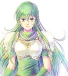  absurdres alice_iris armor breastplate elbow_gloves expressionless fire_emblem fire_emblem:_monshou_no_nazo gloves green_eyes green_hair headband highres long_hair paola pegasus_knight shoulder_armor simple_background solo upper_body white_background 