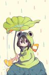  animal_hood asui_tsuyu bad_id bad_twitter_id black_eyes black_hair blush blush_stickers boku_no_hero_academia boots eyelashes flower frog_hood frog_raincoat hair_between_eyes holding holding_umbrella hood hood_up leaf leaf_umbrella lily_(flower) long_sleeves rain raincoat ribbon rock sidelocks sitting sitting_on_rock solo stone umbrella water water_drop yellow_footwear yellow_ribbon 