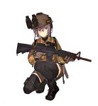  assault_rifle black_legwear camouflage commentary gloves gun headset helmet highres holding holding_gun holding_weapon m4_carbine military night_vision_device original purple_hair rifle seallllion short_hair short_shorts shorts solo squatting thighhighs trigger_discipline weapon white_background 