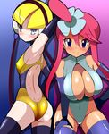  ass blonde_hair blue_eyes blush breasts dark_skin fuuro_(pokemon) gym_leader hair_ornament harubato kamitsure_(pokemon) large_breasts long_hair multiple_girls navel open_mouth pokemon pokemon_(game) pokemon_bw red_hair smile swimsuit thighhighs 