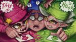  1boy 2girls ? @_@ angry aori_(splatoon) blue_hair blush ceramic_man commentary_request domino_mask eyebrows fangs girl_sandwich hat highres hotaru_(splatoon) ink inkling mask mole mole_under_eye multiple_girls open_mouth pointy_ears purple_hair sandwiched silver_hair splatoon_(series) splatoon_1 spoken_question_mark squidbeak_splatoon star sweatdrop symbol-shaped_pupils tentacle_hair tentacles thick_eyebrows yellow_eyes 