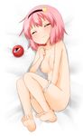  bare_legs barefoot blush breasts clenched_hand closed_eyes collarbone commentary_request eyeball feet fingering hairband heart highres komeiji_satori lying masturbation nipples no_pants no_shirt on_bed on_side panties panty_pull pink_hair short_hair small_breasts solo suwa_yasai sweat third_eye topless touhou underwear underwear_only white_panties 