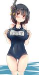  bare_shoulders black_hair breasts bro_(badmaiden) covered_navel hair_ornament headgear hot in_swimsuit kantai_collection large_breasts name_tag old_school_swimsuit one-piece_swimsuit red_eyes reflection ripples school_swimsuit short_hair solo sweat swim_cap swim_cap_removed swimsuit water yamashiro_(kantai_collection) 