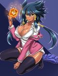  aigami ankh black_eyes blazer blue_hair blush breasts cleavage collarbone commentary_request covered_nipples cube dark_skin genderswap genderswap_(mtf) hair_tubes highres jacket kneeling large_breasts long_hair long_sleeves looking_at_viewer low_twintails off_shoulder shirt sidelocks skirt skirt_removed solo spiked_hair takecha thighhighs tongue tongue_out twintails white_shirt yellow_eyes yuu-gi-ou 