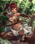  bare_shoulders boots bow_(weapon) breasts cleavage cuboon elbow_gloves fingerless_gloves gloves green_eyes grin hairband kerchief large_breasts lost_crusade navel official_art open_mouth red_hair short_hair smile solo squatting thigh_boots thighhighs tree weapon 