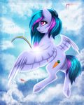  blue_hair cloud cutie_mark day equine eyelashes fan_character feathered_wings feathers female feral flying hair hooves mammal my_little_pony outside pegasus pink_eyes purple_hair rainbow silentwulv sky smile solo wings 