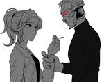  1girl between_fingers blue_eyes cigarette covered_mouth face_mask hair_ornament hair_tie labcoat limited_palette long_sleeves mask mercy_(overwatch) overwatch ponytail scar scar_across_eye shirt short_hair simple_background soldier:_76_(overwatch) spot_color visor white_background wrist_grab 