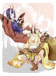  blonde_hair cup earrings facial_mark fang fate/grand_order fate_(series) highres horns ibaraki_douji_(fate/grand_order) japanese_clothes jewelry kimono long_hair multiple_girls off_shoulder oni oni_horns open_mouth purple_eyes purple_hair sakazuki short_hair shuten_douji_(fate/grand_order) smile tanaka_(gohanumee) tattoo yellow_eyes yellow_kimono 