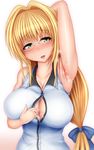  armpits bare_shoulders blonde_hair blush breasts cleavage glasses green_eyes hair_intakes highres large_breasts long_hair looking_at_viewer paizuri_invitation ponpo simple_background smile solo steaming_body tearju_lunatique tied_hair to_love-ru white_background 