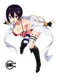  bikini black_eyes black_hair boots breasts cleavage fingerless_gloves gloves gomashi_(goma) hair_ornament highres jacket large_breasts leaning_forward open_mouth original short_hair simple_background solo striped striped_legwear swimsuit test_tube thigh_strap 