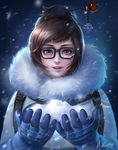  artist_name bangs beads black-framed_eyewear blue_gloves brown_eyes brown_hair coat eyelashes fur-trimmed_jacket fur_coat fur_trim glasses gloves hair_bun hair_ornament hair_stick hands_up highres jacket lips lipstick looking_at_viewer makeup mei_(overwatch) mvalentinus nose open_mouth overwatch parted_bangs pink_lips short_hair sidelocks signature smile snow snowflake_hair_ornament snowing solo swept_bangs upper_body winter_clothes winter_coat 