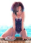  arm_support ass_visible_through_thighs barefoot black_hair breasts competition_school_swimsuit drain_(object) highres kobayakawa_rinko love_plus makokujira one-piece_swimsuit open_mouth pool poolside school_swimsuit short_hair small_breasts solo swim_cap swim_cap_removed swimsuit wading water wet 