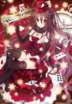  bad_id bad_pixiv_id bare_shoulders black_gloves black_legwear blush bow breasts brown_hair card clock commentary_request cup dress elbow_gloves frame fur_collar gloves hat hat_ribbon heart heart_necklace long_hair looking_at_viewer nozomi_fuuten original playing_card red_bow red_eyes red_hat red_ribbon ribbon small_breasts smile snowflakes solo staff teacup thighhighs top_hat very_long_hair 