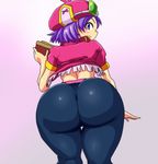  1girl ass blush character_name copyright_name from_behind hat huge_ass looking_at_viewer looking_back pants purple_eyes purple_hair rorri_(higgy) shiny shiny_clothes shiny_hair short_hair skin_tight smile solo tight_pants 