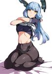  bangs black_legwear blue_hair blunt_bangs headgear kantai_collection long_hair looking_away midriff murakumo_(kantai_collection) navel orange_eyes panties panties_under_pantyhose pantyhose shirt_lift sitting solo sugarbeat thick_thighs thighband_pantyhose thighs underwear undressing wariza white_panties 