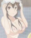  1girl animated animated_gif bath breasts brown_hair cleavage indoors large_breasts musubi nipples nude sekirei soap solo 