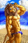  abs anthro beach butt clothed clothing colored feline lion looking_at_viewer male mammal mooning muscular overshoot pants_down partially_clothed pecs presenting presenting_hindquarters rear_view seaside simple_background solo speedo swimsuit 