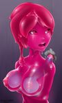  big_breasts breast_squish breasts condom disembodied_penis erection female filled_condom glory_hole goo hair human male mammal monster_girl nipples not_furry penis pink_eyes pink_hair slime sudkampsin 
