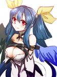  asymmetrical_wings belt blue_hair breasts cleavage detached_sleeves dizzy feathered_wings guilty_gear guilty_gear_xrd hair_ribbon hair_rings highres large_breasts long_hair long_sleeves red_eyes ribbon ryuuri_(aoithigo) solo twintails wings yellow_ribbon 