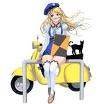  animal black_cat blonde_hair blue_eyes blue_skirt breasts cat full_body ground_vehicle hair_ornament hairclip highres juliet_sleeves large_breasts legs_together lips long_hair long_sleeves masao motor_vehicle original over-kneehighs pencil_mustache puffy_sleeves railing scooter shoes sitting sitting_on_railing sketchbook skirt skirt_set solo suspenders thighhighs vespa white_legwear zettai_ryouiki 