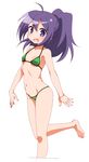  barefoot bikini black_hair flat_chest gj-bu hatakenaka_(kamagabuchi) highres leg_lift long_hair navel open_mouth ponytail purple_eyes shinomiya_kasumi solo standing standing_on_one_leg swimsuit 