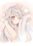  asymmetrical_hair bad_id bad_twitter_id breasts cheek_press collarbone drying drying_body hair_between_eyes hair_down highres kantai_collection large_breasts long_hair nude pink_background silver_hair sketch solo steam tatsu_shinomu towel unryuu_(kantai_collection) very_long_hair wavy_hair yellow_eyes 