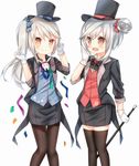  bangs blue_bow bow brown_eyes brown_legwear bunny confetti double_bun gloves grey_hair hair_bow hat long_hair magician multiple_girls ning_hai_(zhan_jian_shao_nyu) pantyhose pencil_skirt ping_hai_(zhan_jian_shao_nyu) red_bow short_hair side_ponytail skirt sleeves_rolled_up swept_bangs tengxiang_lingnai thighhighs top_hat wand white_gloves zettai_ryouiki zhan_jian_shao_nyu 