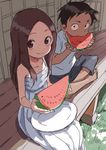  1girl absurdres brown_eyes brown_hair commentary_request crossed_legs dress eating eyebrows food forehead fruit grass highres karakai_jouzu_no_takagi-san looking_at_viewer nishikata porch sitting sundress takagi-san watermelon yamamoto_souichirou 