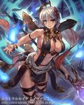  bare_shoulders blue_eyes bracelet breasts cleavage cuboon grey_hair hair_ornament heterochromia jewelry large_breasts lost_crusade navel official_art red_eyes solo staff 