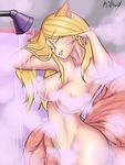  1girl ahri animal_ears animal_tail bathroom blonde_hair breasts erect_nipples fox_tail kidkuo league_of_legends long_hair nipples nude open_mouth pussy shower smile steam tail vagina water wet 