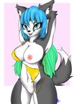  2016 9air anthro big_breasts black_fur breasts canine clothing dog female fur hair looking_at_viewer mammal multicolored_fur nipples open_mouth pussy simple_background smile solo swimsuit tailzkim tongue white_fur 