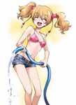  &gt;_&lt; :d alternate_costume bikini_top blonde_hair blush breasts closed_eyes commentary_request denim denim_shorts fresh_precure! highres hose kurose_kousuke momozono_love navel open_mouth precure short_shorts shorts small_breasts smile solo twintails water xd 