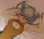  animal_ear_fluff animal_ears armpits arms_up bed_sheet blush bow braid breasts brown_shirt cat_ears cleavage_cutout clenched_hands commentary_request drunk eyes_closed from_above glasses green_bow grey_hair lying medium_breasts on_back on_bed original ranka_(kehotank) rimless_eyewear shirt sleeveless sleeveless_shirt solo soumu_(kehotank) twin_braids twintails 