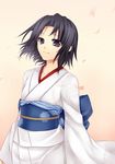  brown_eyes brown_hair highres japanese_clothes kara_no_kyoukai kimono konshin obi petals ryougi_shiki sash short_hair solo 