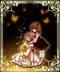  blue_eyes blush brown_hair bug butterfly child crown dress dual_persona evil_grin evil_smile frills grin highres insect mishiyomi_kazumi multiple_girls ribbon sakutarou sitting smile socks tears time_paradox umineko_no_naku_koro_ni ushiromiya_maria 