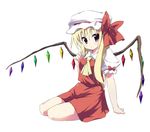  arm_support blonde_hair bow flandre_scarlet hat highres long_hair minase_shuu puffy_sleeves red_eyes side_ponytail simple_background sitting skirt skirt_set solo touhou wings yokozuwari 