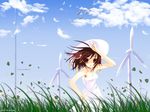  brown_hair day dress hat highres itou_noiji short_hair solo summer sundress suzumiya_haruhi suzumiya_haruhi_no_yuuutsu wallpaper wind_turbine windmill 