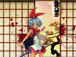  blood blood_splatter blue_hair bunny disgaea highres katana kuroboshi_kouhaku original pleinair pointy_ears red_eyes ribbon short_hair solo stuffed_animal stuffed_bunny stuffed_toy sword usagi-san wallpaper weapon 