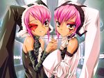  apocalypse_-deus_ex_machina- holding_hands kantaka multiple_girls one_eye_closed pink_hair siblings sisters twins yellow_eyes 