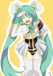  animal_ears aqua_eyes aqua_hair armband bunny_ears chiester00 chiester00_(cosplay) chiester_sisters cosplay gloves hand_on_hip hatsune_miku highres hikusa leotard long_hair one_eye_closed salute showgirl_skirt solo thighhighs twintails umineko_no_naku_koro_ni uniform very_long_hair vocaloid 