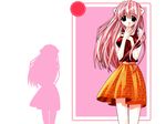  bare_shoulders black_eyes elfen_lied hand_on_own_chest hand_on_own_face highres horns long_hair lucy nyuu official_art okamoto_lynn pink_hair silhouette skirt 