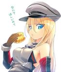  anchor bare_shoulders bismarck_(kantai_collection) blonde_hair blue_eyes brown_gloves commentary_request detached_sleeves doughnut eating food french_cruller gloves hair_between_eyes hat kantai_collection long_hair looking_at_viewer magenta_(atyana) military military_hat military_uniform peaked_cap simple_background solo translated uniform white_background 