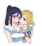  :3 black_hair blonde_hair blush braid breasts cleavage collar_tug collarbone green_eyes hair_between_eyes hair_rings hand_on_another's_shoulder holding kamui87 large_breasts long_hair love_live! love_live!_sunshine!! matsuura_kanan multiple_girls ohara_mari parted_lips ponytail purple_eyes shirt short_sleeves simple_background striped striped_shirt sweatdrop tan tanline upper_body white_background yuri 