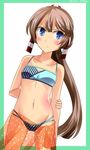  &gt;:( 2016 arm_behind_back bikini blue_eyes blush border brown_hair dated dutch_angle frown green_border hair_ornament hair_ribbon hebitsukai-san highres kantai_collection kazagumo_(kantai_collection) long_hair navel orange_sarong polka_dot polka_dot_sarong ponytail ribbon sarong see-through solo striped striped_bikini swimsuit translucent_sarong twitter_username v-shaped_eyebrows 