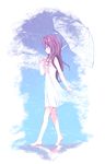  anny_(yoai) arm_at_side barefoot blush_stickers dress from_side hair_ribbon holding holding_umbrella long_hair original pink_ribbon profile puddle purple_ribbon reflection ribbon solo standing transparent transparent_umbrella umbrella walking white_background white_dress 
